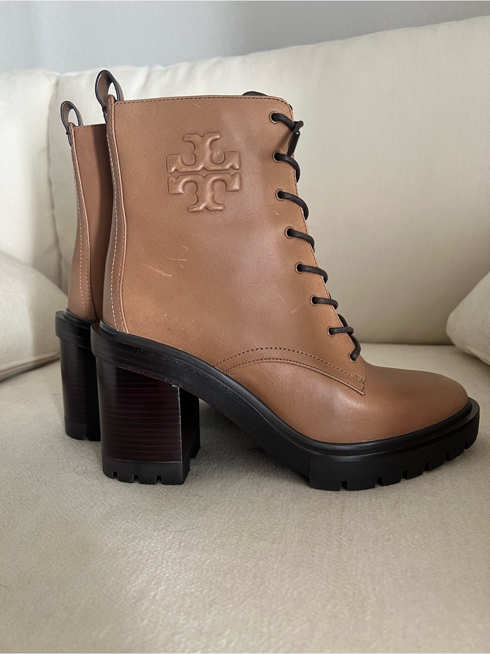 Tory Burch Tan Leather Lace-Up Block Heel Boots
